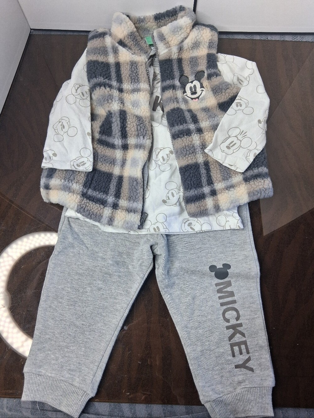Disney Grey Plaid Sherpa Vest & Mickey Jogger 3pc Set